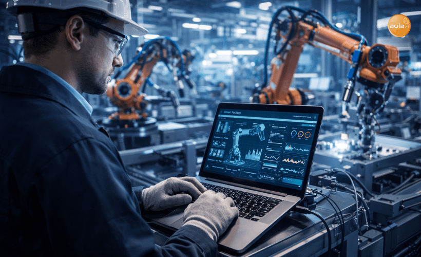 Técnico electrónico industrial analizando datos digitales en una línea automatizada con robots y software industrial.