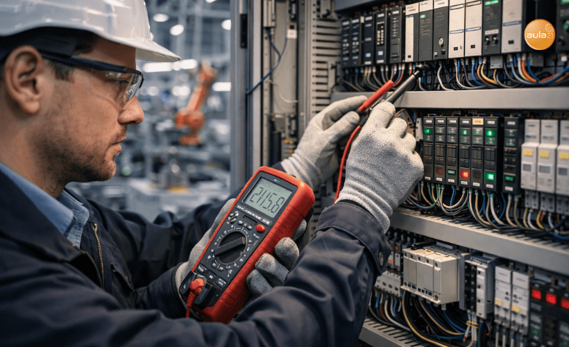 Técnico electrónico industrial realizando mantenimiento preventivo en un panel de control con relés y PLC.