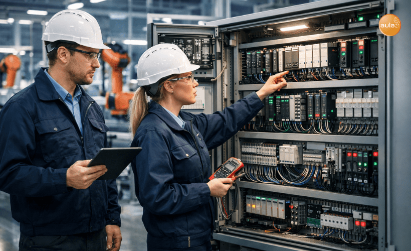 Técnicos electrónicos industriales trabajando juntos frente a paneles de control en una planta automatizada moderna.