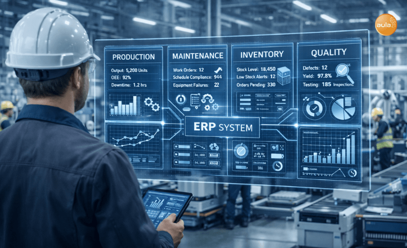 Aplicación de un sistema ERP en la industria para integrar producción, mantenimiento, inventario y control de procesos en una fábrica real.