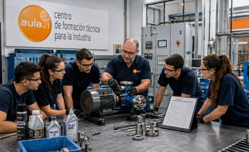 Técnico de mantenimiento industrial imparte una formación práctica sobre mantenimiento preventivo a un grupo de alumnos en un taller técnico, revisando un motor eléctrico con herramientas, lubricantes y checklist de inspección.