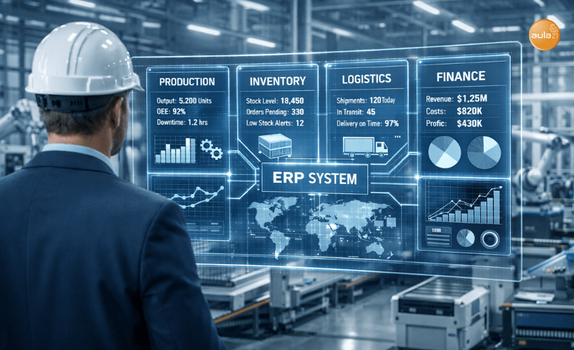 Gestión industrial integrada mediante un sistema ERP que conecta producción, inventario y finanzas en una fábrica moderna.