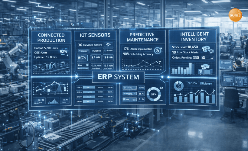 Integración de un sistema ERP en una fábrica Industria 4.0 con datos en tiempo real, automatización, sensores IoT y control inteligente de la producción.