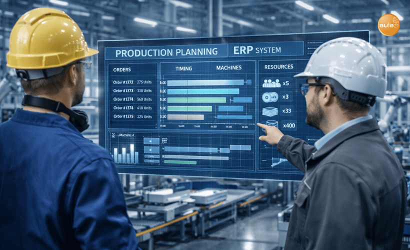Planificación de la producción industrial con ERP para coordinar órdenes, recursos y tiempos de fabricación.