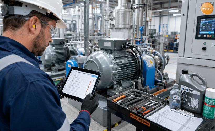 Técnico industrial realizando mantenimiento preventivo en maquinaria para evitar averías y mejorar la seguridad en planta.