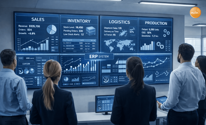 Visualización en tiempo real de datos empresariales centralizados en un sistema ERP para la toma de decisiones.