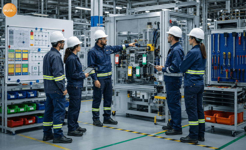 Equipo de planta planificando la implementación de TPM en una máquina piloto con rutinas de inspección y mantenimiento.
