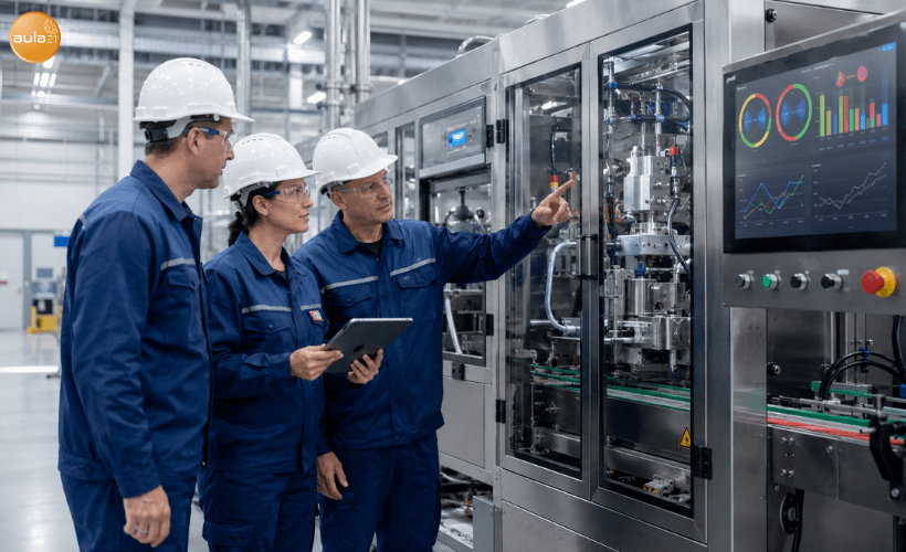 Equipo industrial revisando objetivos del Mantenimiento Productivo Total para mejorar productividad, calidad y seguridad en planta.