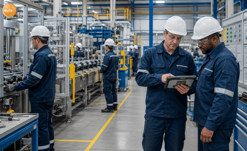 Línea de producción eficiente con técnicos aplicando TPM para reducir averías, defectos y paradas no planificadas.