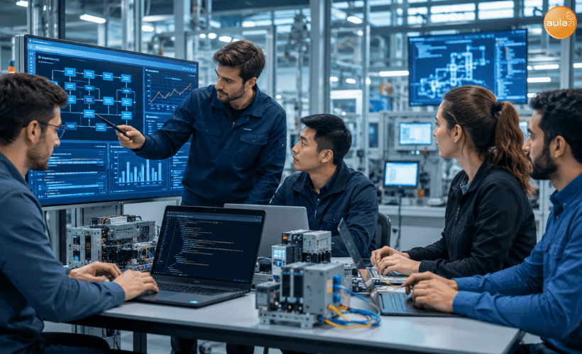 Equipo técnico aprendiendo Python para automatización, análisis de datos e informática industrial en una planta moderna.