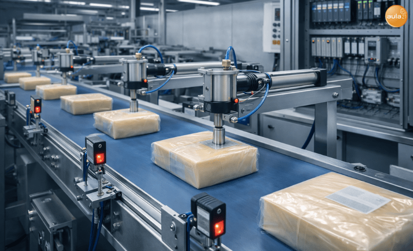 Línea de producción automatizada con sistemas electroneumáticos en proceso industrial de envasado