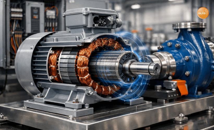 Motor eléctrico industrial con corte de estator y rotor, líneas de campo magnético y bancada de bomba en planta moderna.