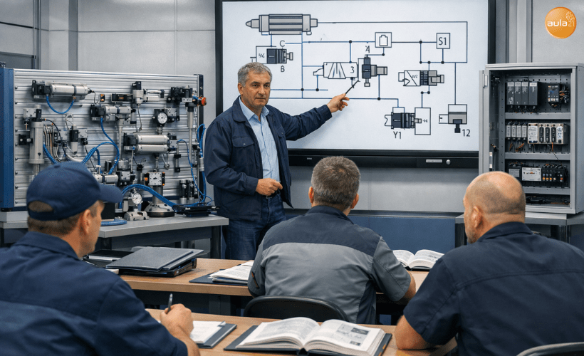 Profesor impartiendo formación en electroneumática industrial a técnicos de mantenimiento en aula taller con paneles y sistemas reales