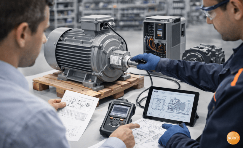 Selección de motor industrial en planta´- técnico e ingeniero revisan placa y variador de frecuencia junto a un motor eléctrico trifásico