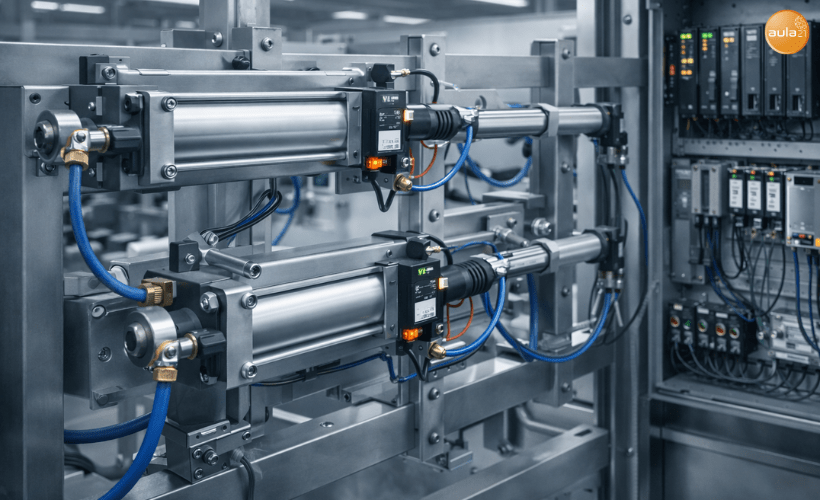 Sistema electroneumático industrial robusto instalado en entorno limpio y preparado para condiciones exigentes
