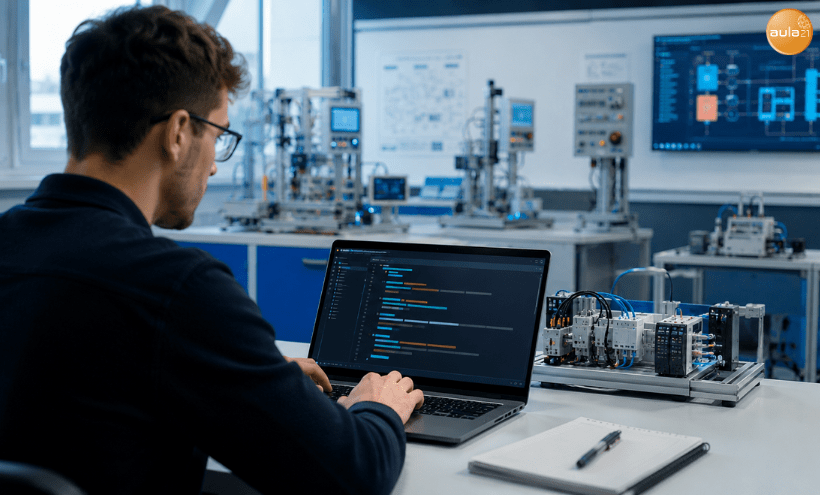Técnico aprendiendo Python en un aula de formación industrial con ordenador, equipos de automatización y entorno tecnológico moderno.