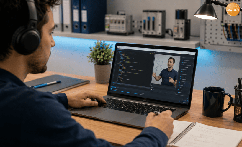 Técnico aprendiendo Python online con un portátil en un entorno de formación técnica industrial, combinando programación, automatización y análisis de datos.