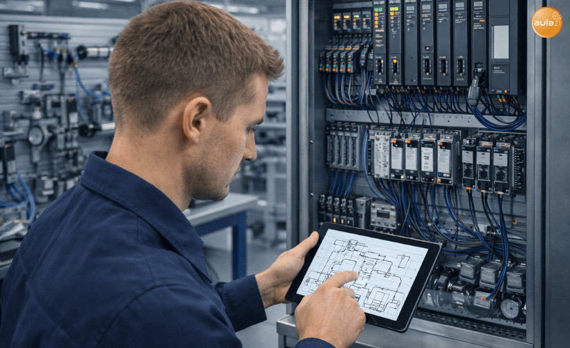 Técnico industrial revisando un sistema electroneumático en taller de formación profesional