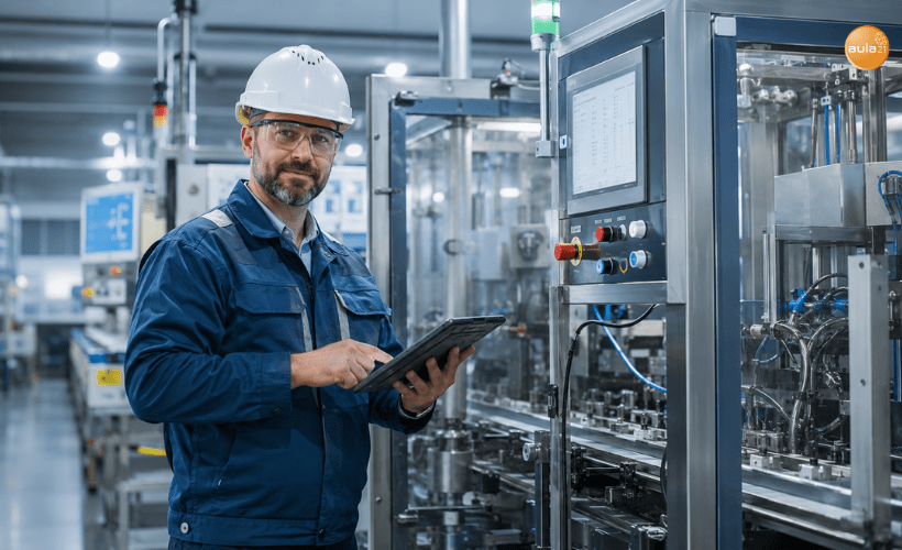 Ingeniero de mantenimiento verificando el correcto funcionamiento de una máquina tras completar una intervención de mantenimiento correctivo.