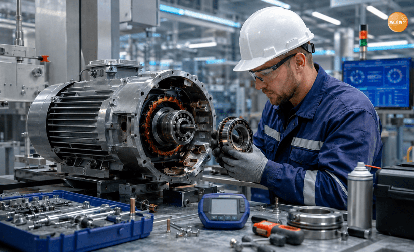 Técnico industrial realizando mantenimiento correctivo en un motor eléctrico tras detectar una avería en una línea de producción.