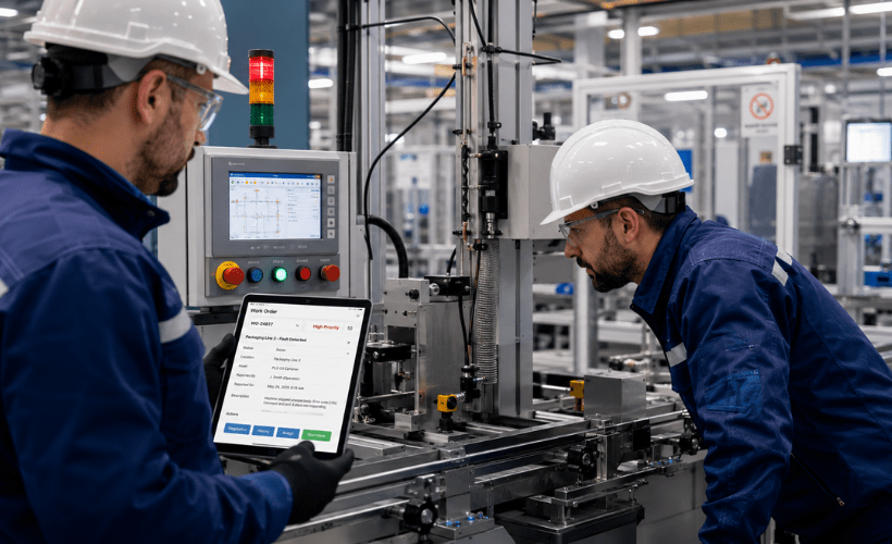 Técnicos evaluando una avería industrial para decidir cuándo aplicar un mantenimiento correctivo en un equipo de producción.
