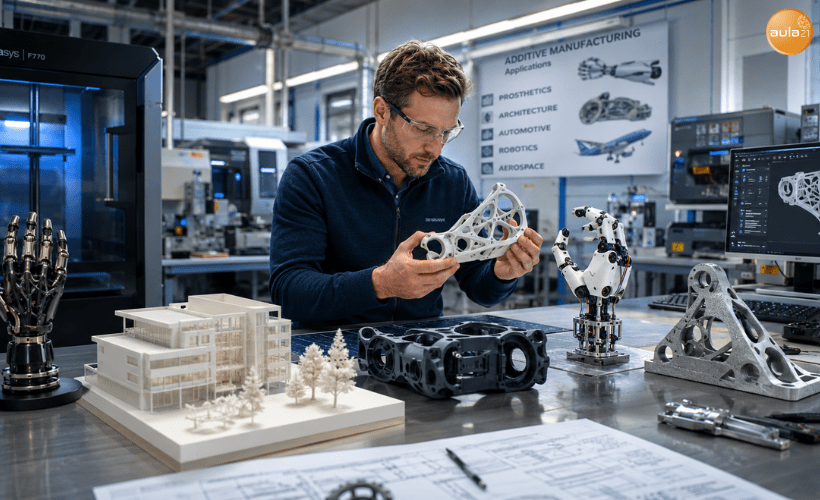 Aplicaciones actuales de la impresión 3D en sectores como la industria, la medicina, la arquitectura, la robótica y la automoción.