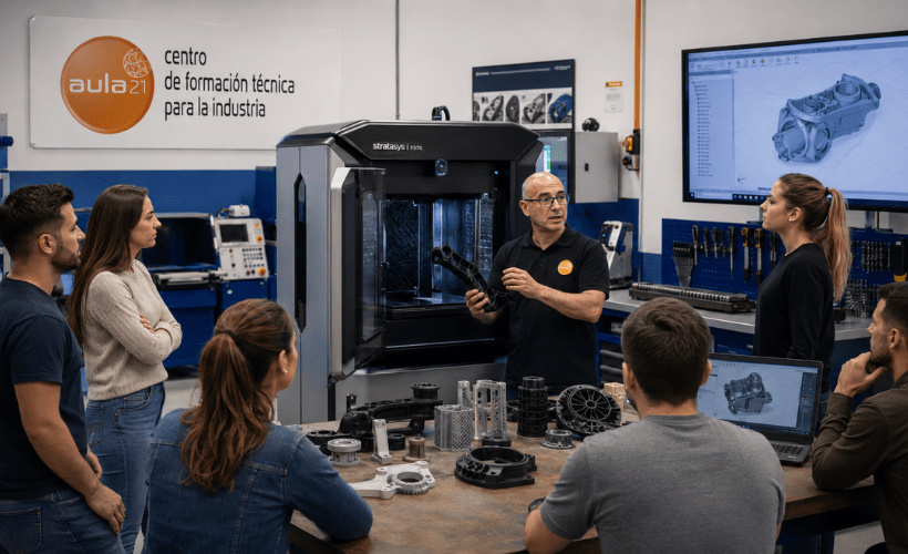 Clase práctica de impresión 3D en aula21 con un profesor explicando componentes técnicos a alumnos en un laboratorio industrial.