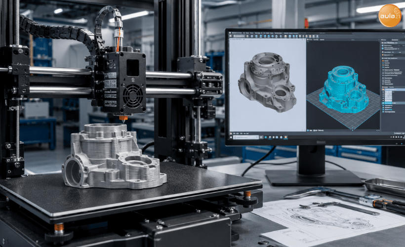 Proceso de impresión 3D mostrando una impresora FDM fabricando una pieza mecánica a partir de un diseño CAD capa a capa.