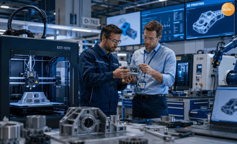 Técnicos inspeccionando una pieza fabricada con impresión 3D en una fábrica moderna equipada con tecnologías de fabricación industrial.