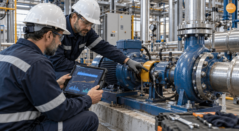 Técnicos analizando vibraciones y temperatura de una bomba industrial para aplicar mantenimiento centrado en la confiabilidad RCM.