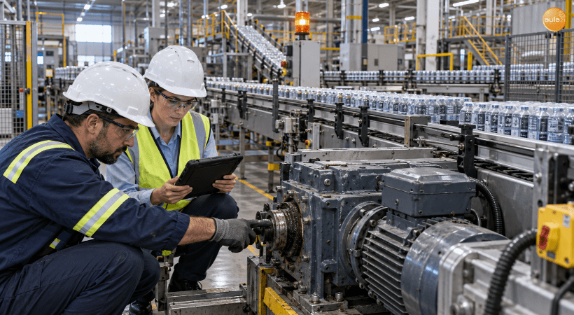 Técnicos evaluando las consecuencias de una avería en una cinta transportadora durante un análisis RCM de mantenimiento industrial.