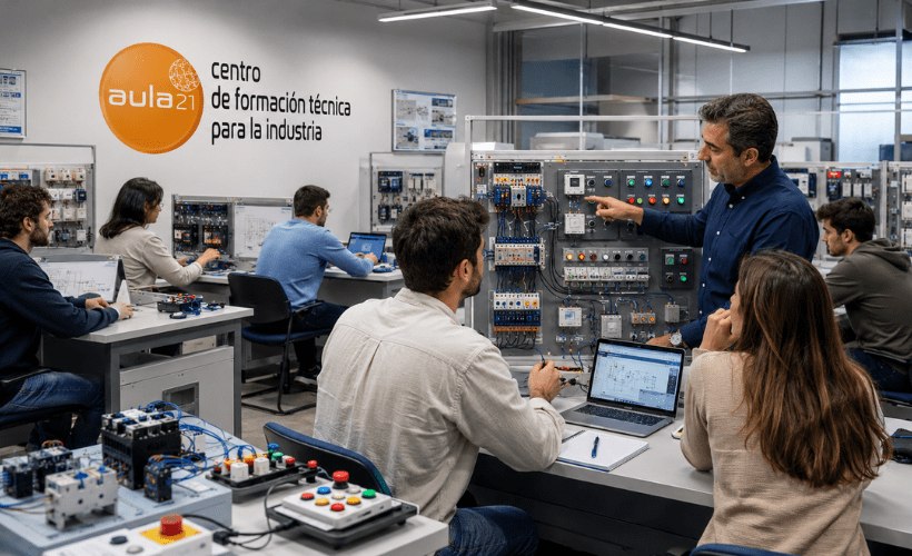 Alumnos de aula21 realizando prácticas de electricidad industrial en entrenadores didácticos bajo la supervisión de un profesor en un aula técnica.
