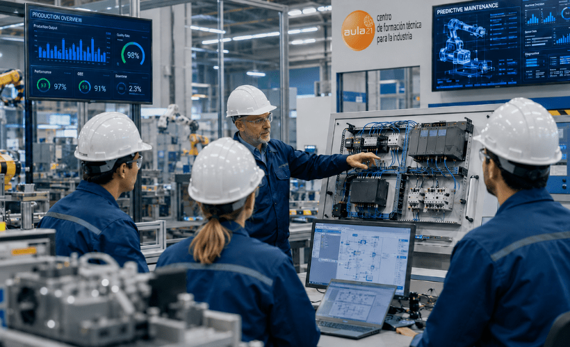 Técnicos industriales participando en una formación técnica sobre automatización y mantenimiento en una fábrica moderna.
