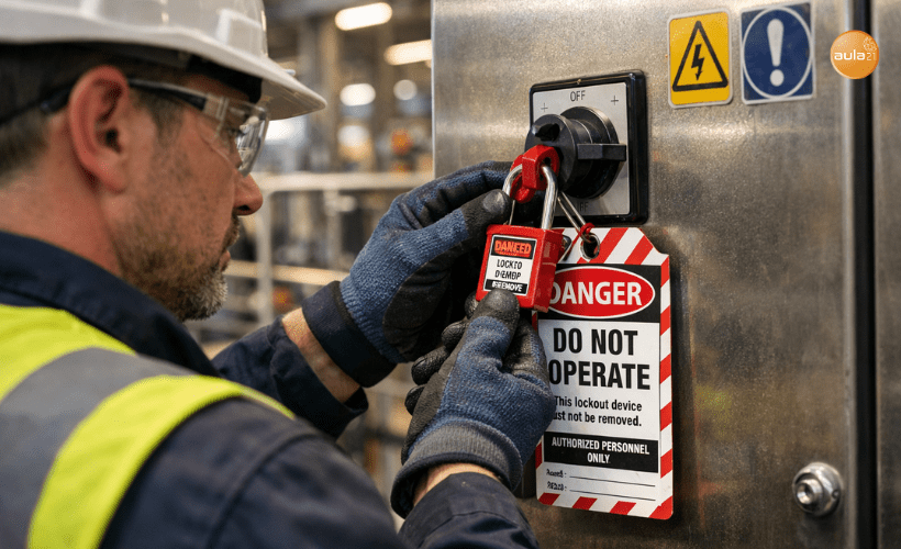 Técnico de mantenimiento aplicando bloqueo y etiquetado LOTO en maquinaria industrial, destacando la seguridad y control de energía en planta.
