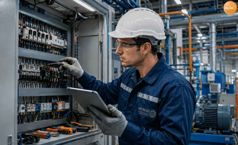 Técnico de mantenimiento industrial revisando un cuadro eléctrico en una planta de producción moderna y segura
