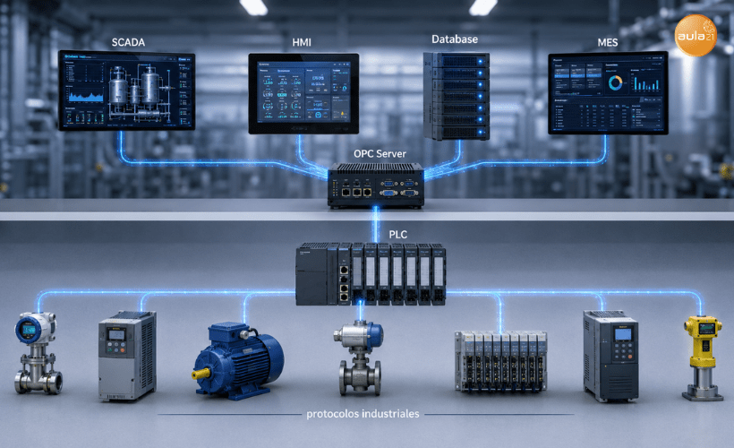 Arquitectura industrial donde OPC conecta datos de PLC con SCADA, HMI, MES y bases de datos junto a protocolos industriales.