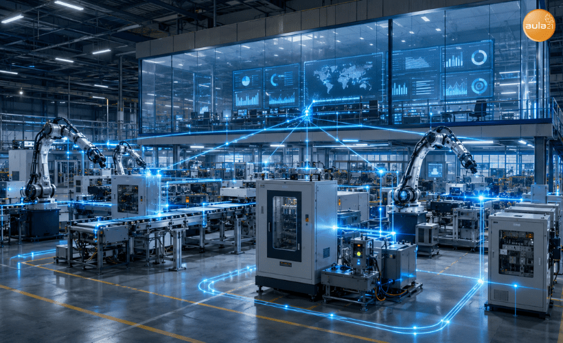 Planta industrial automatizada con máquinas, robots y sensores conectados visualmente a una sala de control central mediante flujo de datos OPC.