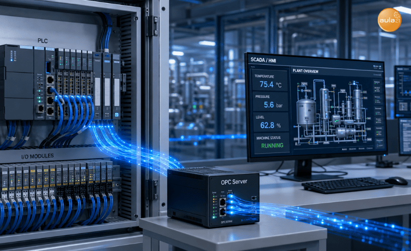 Servidor OPC conectando un PLC industrial con un sistema SCADA para intercambiar datos de proceso en tiempo real.