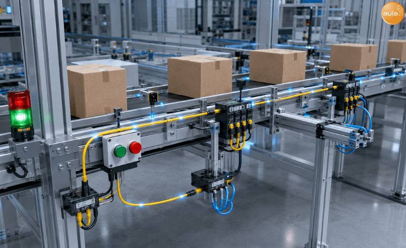 Cinta transportadora con sensores, pulsadores y actuadores conectados mediante AS-Interface para reducir el cableado industrial.