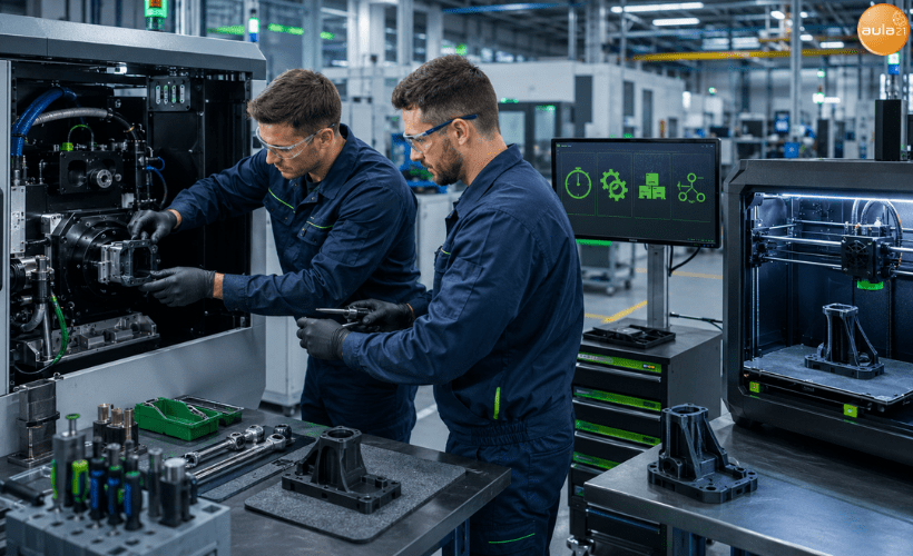 Equipo de mantenimiento instalando un repuesto impreso en 3D para reducir tiempos de parada en una planta industrial.