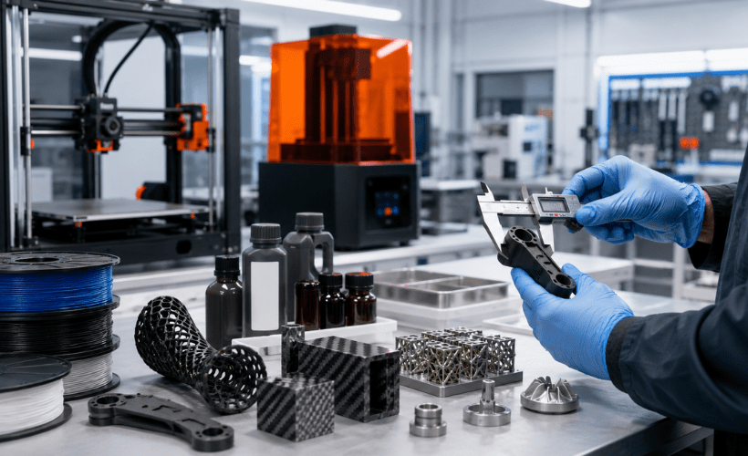 Muestras de materiales para impresión 3D industrial, incluyendo filamentos técnicos, resinas, compuestos y piezas metálicas.