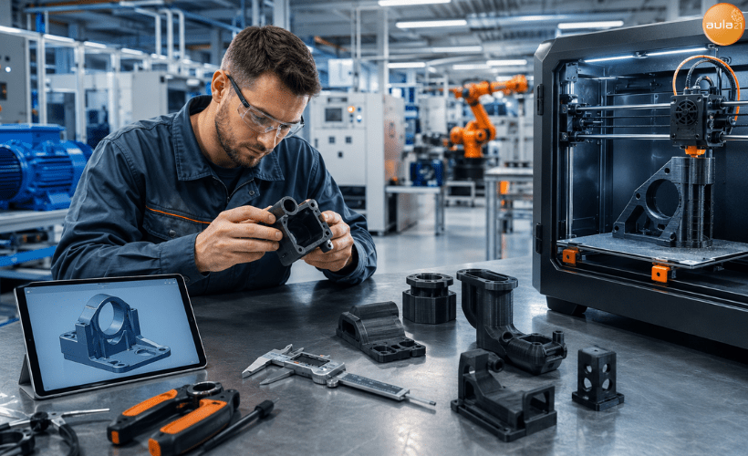 Técnico de mantenimiento revisando piezas impresas en 3D junto a una impresora FDM en un taller industrial moderno.