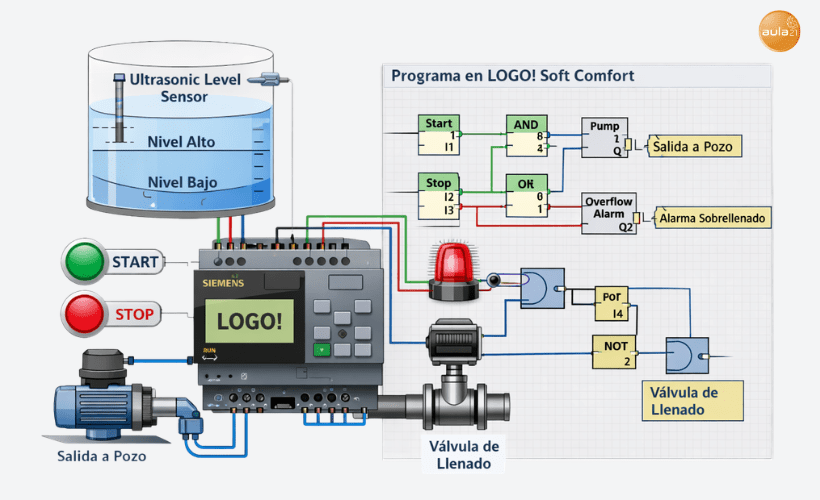 Esquema de control automático de un deposito con LOGO de Siemens