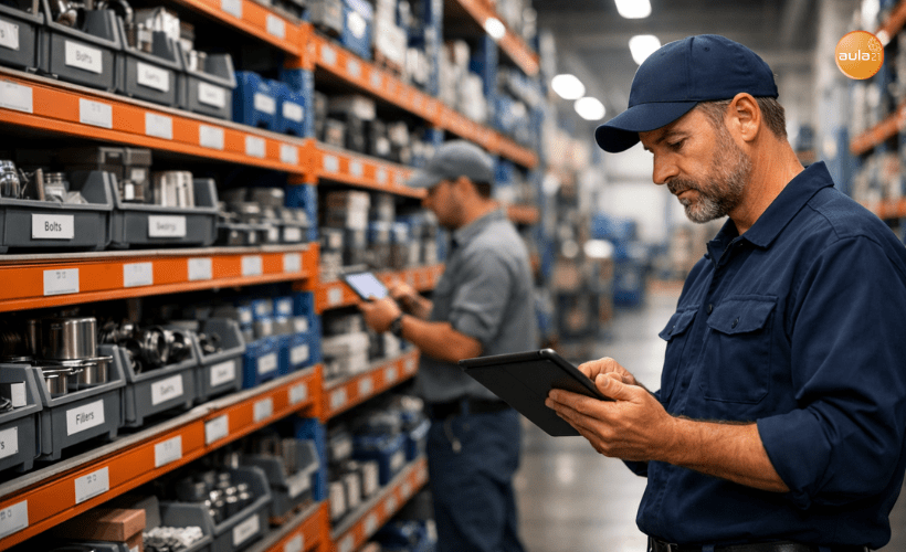 Gestión eficiente de repuestos en un almacén industrial moderno con técnicos controlando inventario digitalmente.