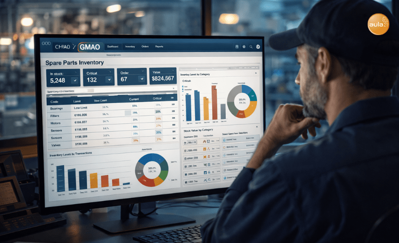 Ingeniero revisando inventario de repuestos industriales en sistema GMAO con panel digital en entorno de mantenimiento moderno.