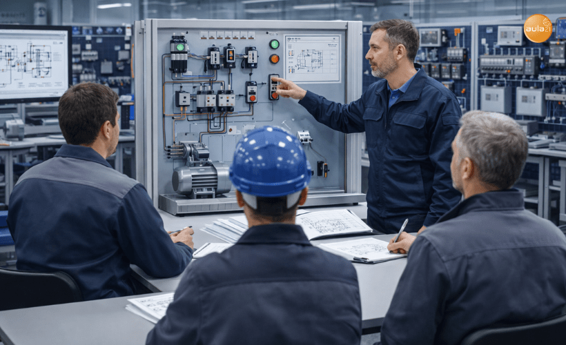 Clase práctica de electricidad industrial sobre giro y paro de motor en aula técnica con profesor y alumnos atendiendo la formación In Company.