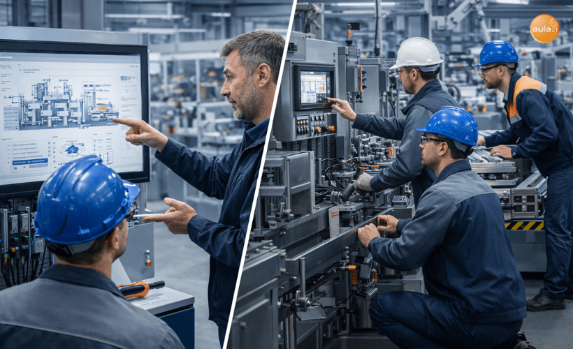 Equipo técnico aplicando de inmediato una formación In Company en una línea industrial con PLC, HMI y supervisión del formador.
