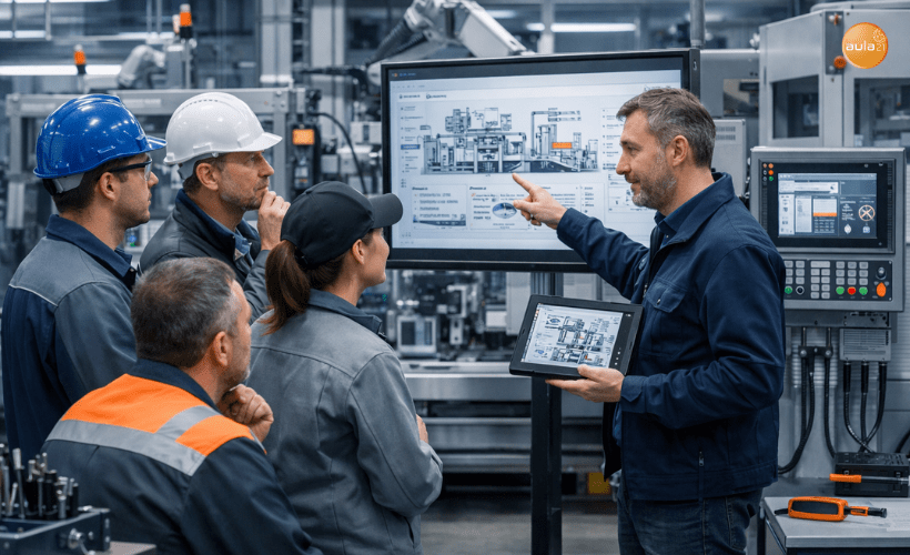 Formación In Company adaptada al puesto de trabajo en una planta industrial, con técnico formador y equipo revisando procesos reales de producción.