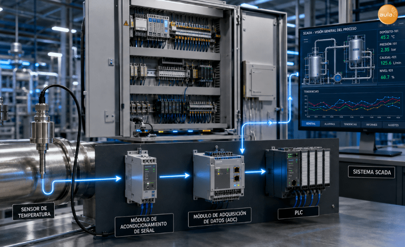 Componentes de un sistema de adquisición de datos industrial con sensor, acondicionamiento de señal, convertidor ADC, PLC y pantalla SCADA.
