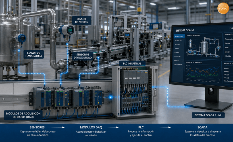 Proceso de adquisición de datos en una planta industrial desde los sensores hasta el sistema SCADA para supervisar la producción.